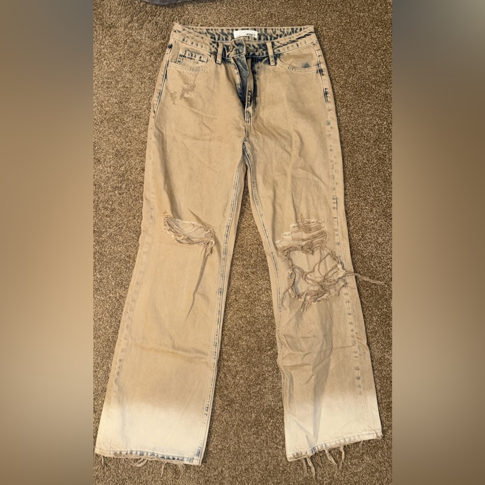 Distressed Beige Wide Leg Jeans